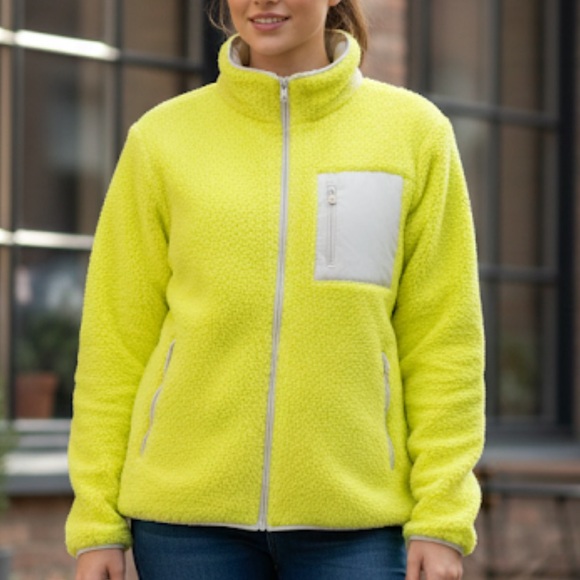 crown & ivy Jackets & Blazers - Crown & Ivy Casual Athletic Fleece Sherpa Jacket Neon Yellow